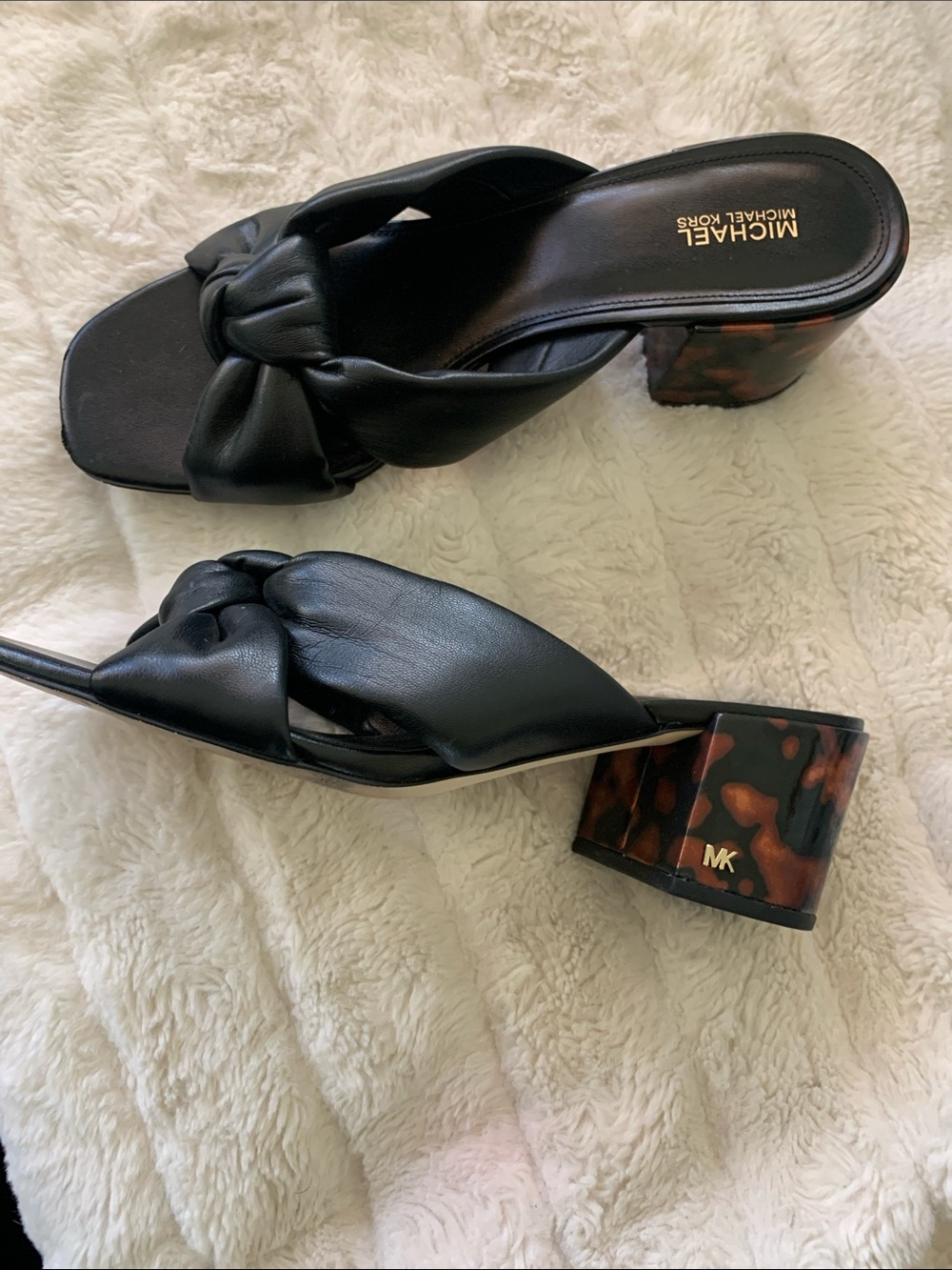 MICHAEL Michael Kors Black Leather Knotted Mule with Tortoiseshell Block Heel